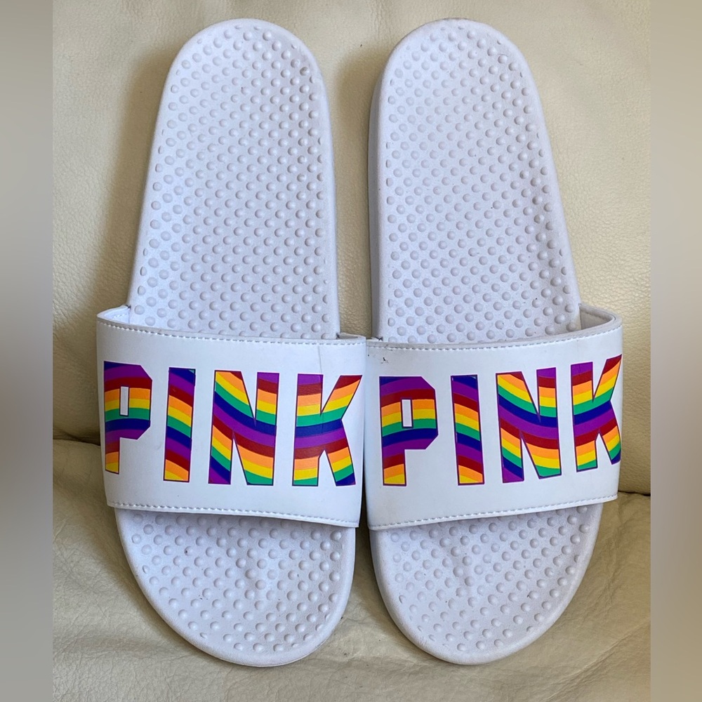VICTORIAS SECRET SLIDES SANDALS WHITE RAINBOW SIZE MEDIUM 7/8